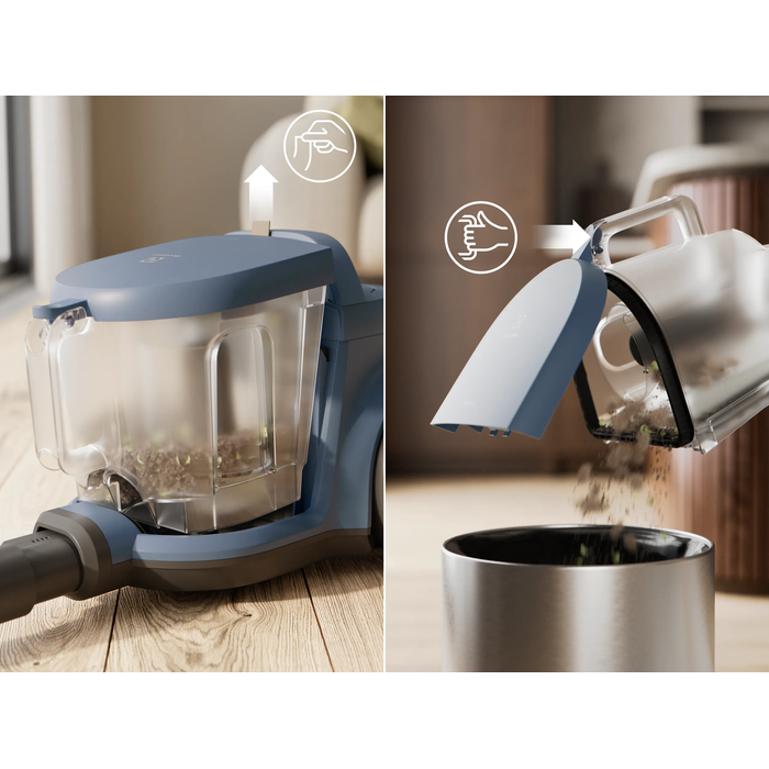 Vacuum cleaner with 2L dustbin designed for easy, spill-free emptying.