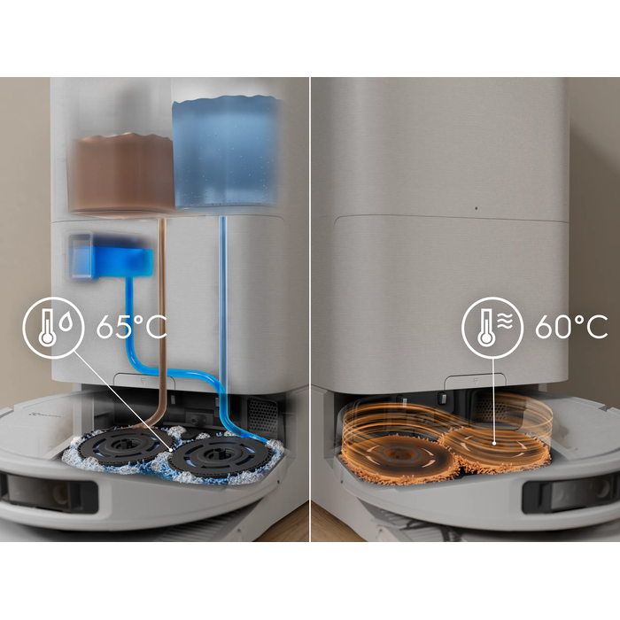 Self-cleaning system uses hot water, hot air and detergent
