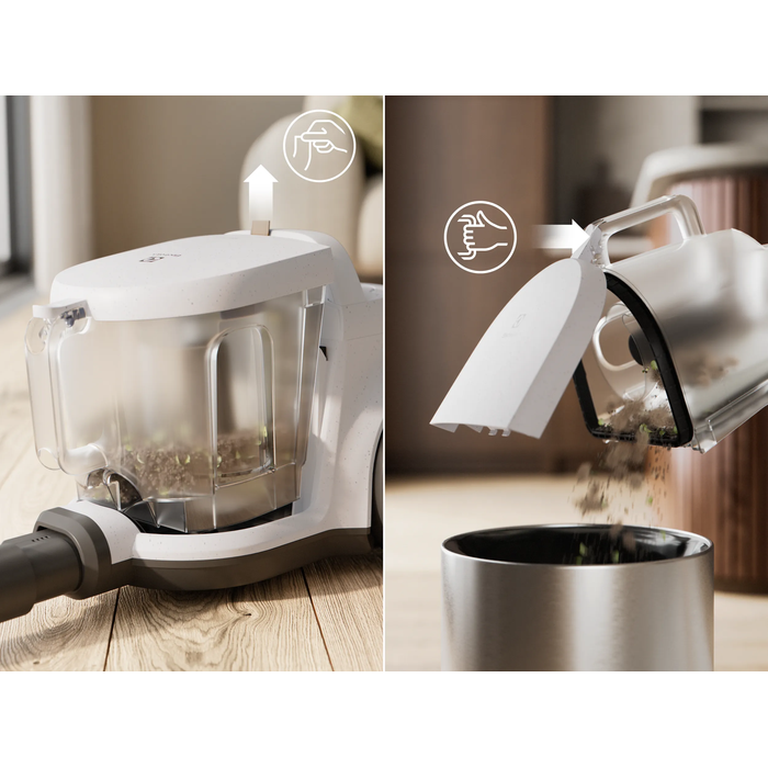 Vacuum cleaner with 2L dustbin designed for easy, spill-free emptying.