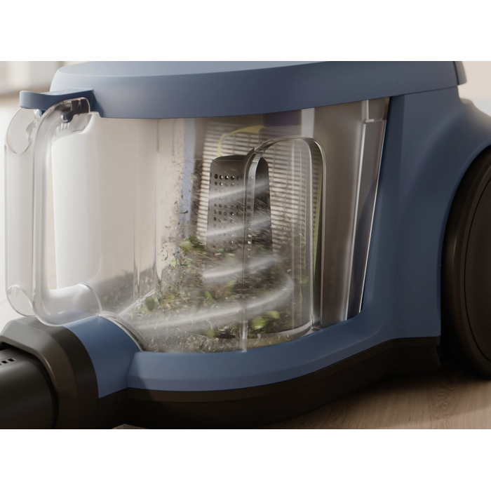 Vacuum cleaner with cyclone separator for efficient cleaning with less frequent bin emptying.*Based on internal test according to IEC 62885-2 edition 2.0.5.1.5, 10 & 5.12