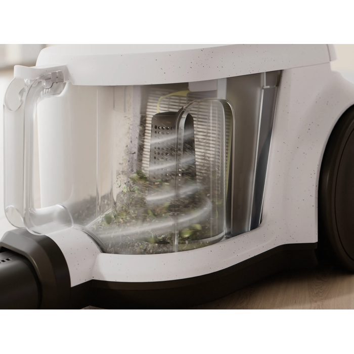 Vacuum cleaner with cyclone separator for efficient cleaning with less frequent bin emptying.*Based on internal test according to IEC 62885-2 edition 2.0.5.1.5, 10 & 5.12