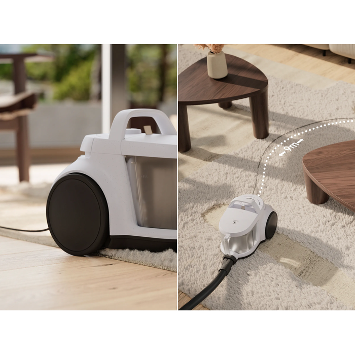Easy to move, Easy to store, Big wheels and 9m cord for high mobility. Compact for easy storage