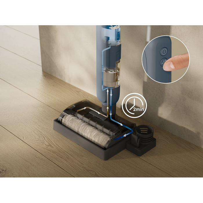 After use, the automatic self-cleaning refreshes the brush roll with clean water in just 2 minutes