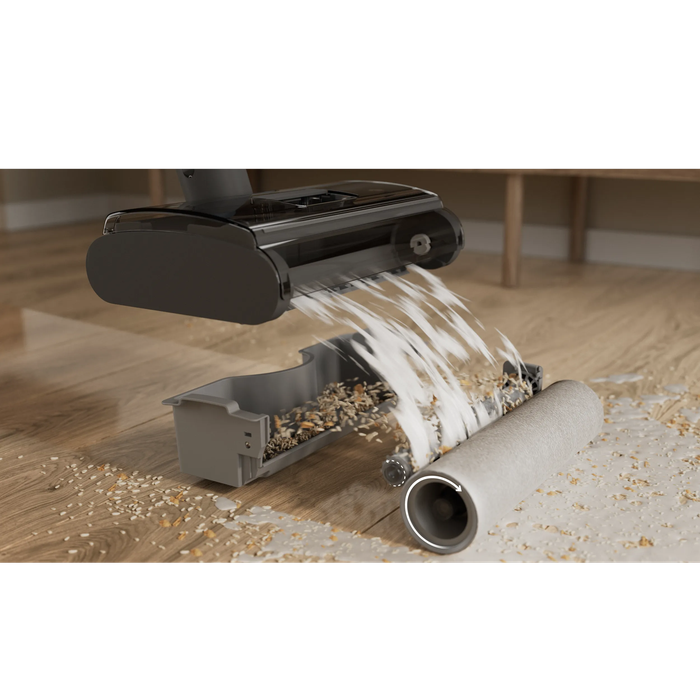 The DualAction nozzle features a high-efficiency brush-roll.
 It filters solid debris from liquid, ensuring nothing gets left behind.
 An integrated dust bin keeps disposal quick and mess-free.