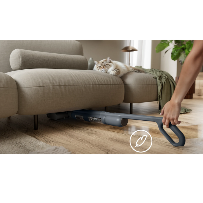 The smart design enables 180° flat cleaning and maneuverability to easily reach corners and glide under low furniture.
 this wet cleaner is at just 950g in hand. It is whisper-quiet at 68dB operation—no louder than a conversation