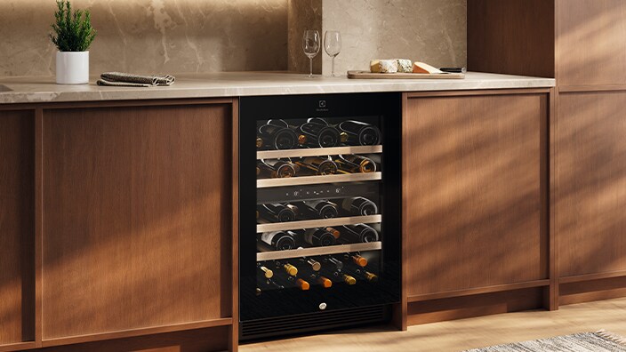 A wine cellar in a modern kitchen.