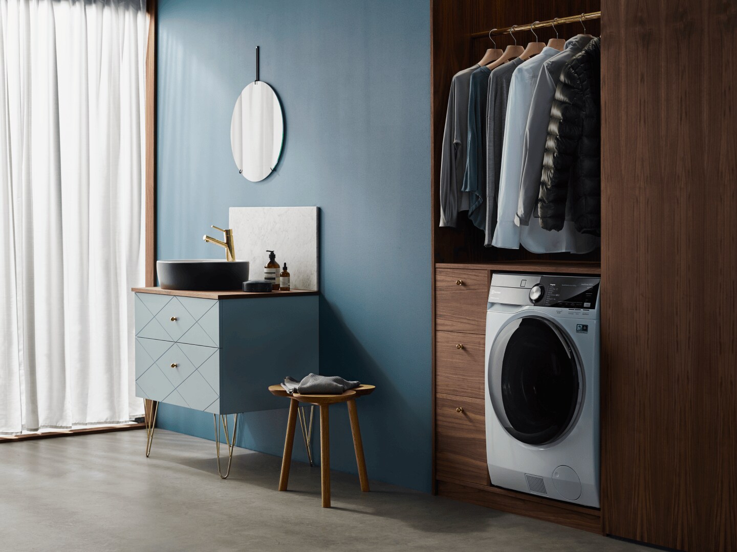 Room in muted colors with washing sink and washing machine.