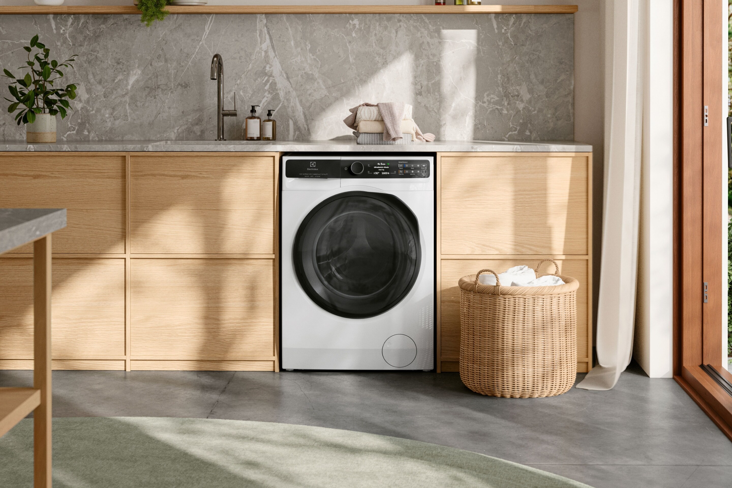 Washing machine in a laundry room.