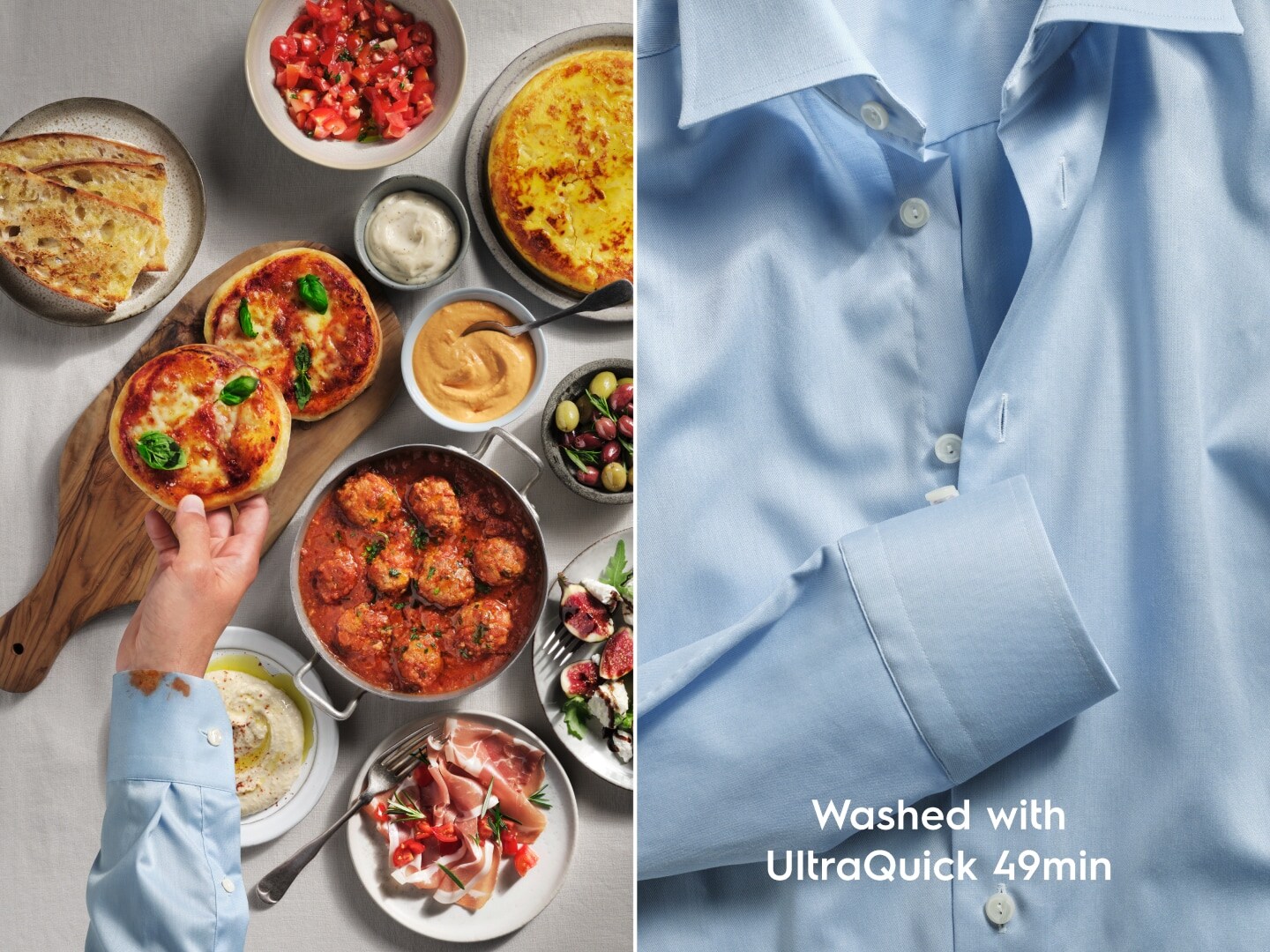 Collage of two images depicting a food buffé and close-up of a blue shirt.
