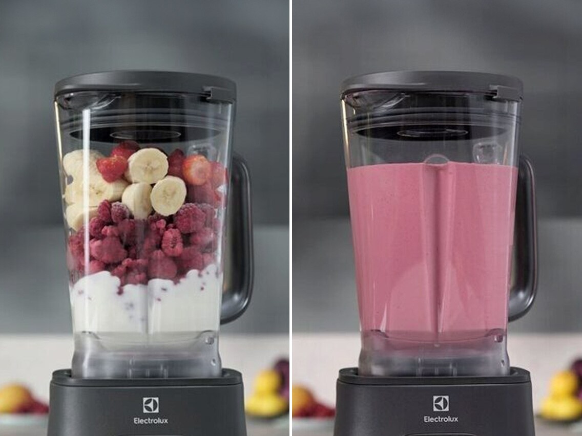 Før og efterbillede af en smoothie tilberedt i blender.